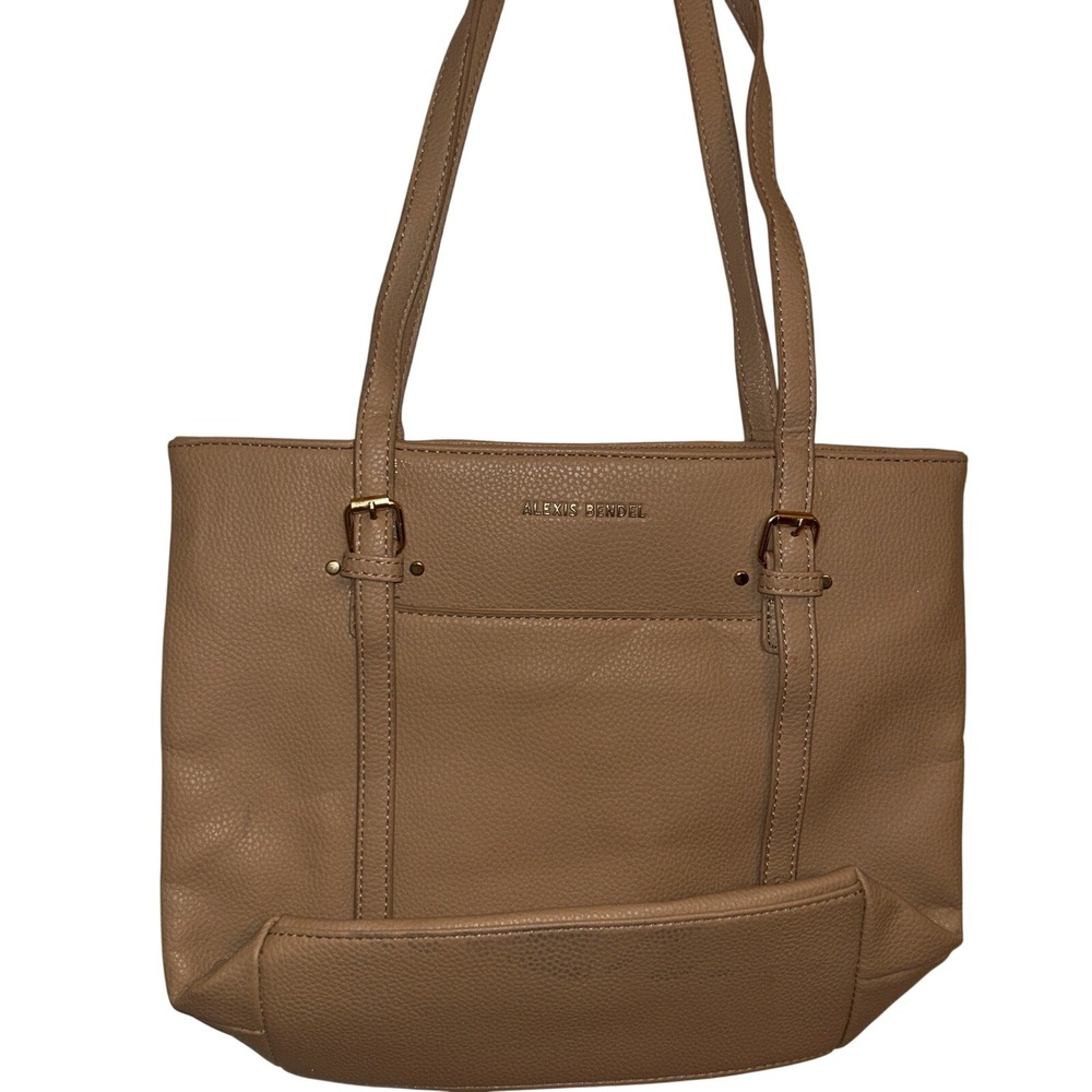 Alexis Bendel Women Tan Pebbled Faux Leather Tote Bag Gold Hardware Skinny Strap